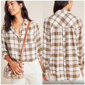 NWT Anthropologie Isadora Button Back Tunic Top Shirt in Brown Cream Plaid XS